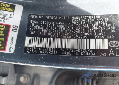 2019 Toyota Corolla Le z USA, uszkodzony, nr VIN 2T1BURHE6KC224285